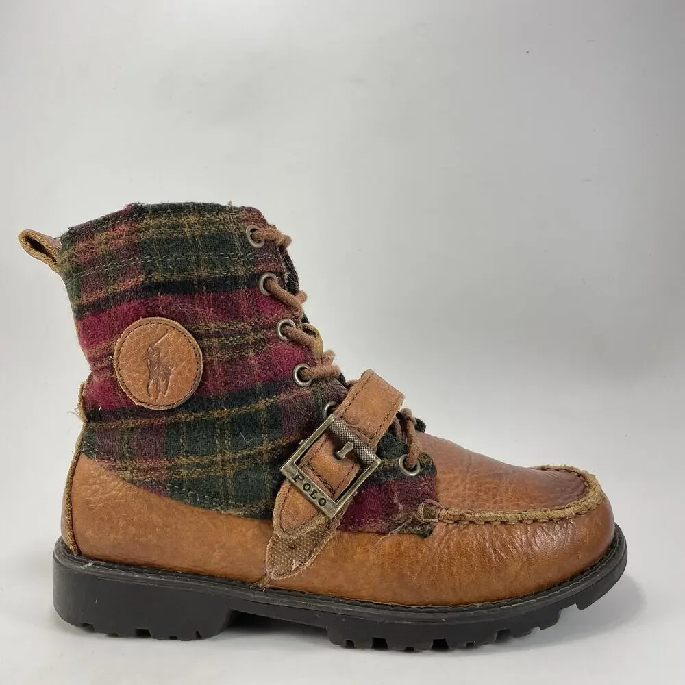 Polo Ralph Lauren Ranger High Boots Boys Size 4 Brown Leather Wool Plaid Moc Toe